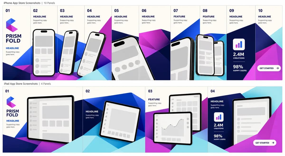 A connected StoreStage App Store screenshot family shown across iPhone and iPad outputs